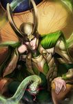  armor black_hair cape green_eyes horns lanbow2000 loki_(marvel) male_focus marvel sitting snake solo 