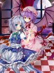  absurdres ahoge animal_ears bat bat_wings birdcage blue_hair cage card cat_ears checkered checkered_floor flandre_scarlet flying full_moon gyaza hat hat_ribbon highres holding_hands izayoi_sakuya kemonomimi_mode maid maid_headdress moon multiple_girls playing_card purple_hair red_eyes remilia_scarlet ribbon silver_hair touhou white_legwear window wings 