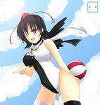  ball beachball black_hair black_legwear blush cloud day hat highres looking_at_viewer ngirln4 one-piece_swimsuit one_eye_closed open_mouth red_eyes scarf shameimaru_aya short_hair sky smile solo swimsuit thighhighs tokin_hat touhou v white_legwear wings 