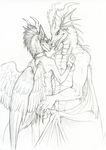  dragon embrace hibbary horn monochrome nude scalie sergal sketch wings 