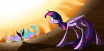  2014 crown cutie_mark duo equine female friendship_is_magic glowing glowing_eyes gold grievousfan hair horn mammal multi-colored_hair my_little_pony necklace princess_celestia_(mlp) purple_hair scared sun winged_unicorn wings 