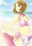  adapted_costume bad_id bad_pixiv_id beach bikini breasts brown_eyes brown_hair choker cleavage day flower idolmaster idolmaster_cinderella_girls jewelry medium_breasts mimura_kanako navel necklace one_eye_closed open_mouth pink_bikini pink_dot_balloon pochi_(pochi-goya) polka_dot polka_dot_bikini polka_dot_swimsuit sand short_hair smile solo swimsuit undressing 