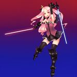  crown dress elona energy_sword gloves greaves pink_hair red_eyes solo springpoppy sword thighhighs weapon wings 