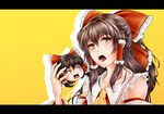  arkatopia ascot bare_shoulders bow brown_hair hair_bow hair_tubes hakurei_reimu letterboxed long_hair open_mouth solo touhou upper_body yellow_eyes yukkuri_shiteitte_ne 