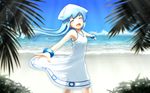  beach blue_hair closed_eyes day dress hat ikamusume long_hair outstretched_arms shinryaku!_ikamusume spread_arms tentacle_hair tooi_aoiro 