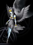  armband black_hair bracelet dress duel_monster emblem fabled_grimro feathers green_eyes high_heels jewelry looking_at_viewer moon necklace pose symbol tiara wings yu-gi-oh! 