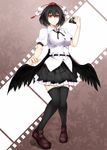  black_hair black_legwear camera film_strip full_body hat highres holding leaf_print looking_at_viewer nue0192 red_eyes shameimaru_aya short_hair skirt solo thighhighs tokin_hat touhou wings 