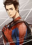  backpack bad_id bad_pixiv_id bag brown_eyes brown_hair character_name kanapy male_focus marvel peter_parker solo spandex spider-man spider-man_(series) superhero uniform 