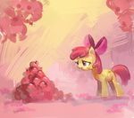  abstract_background apple apple_bloom_(mlp) applebloom_(mlp) bow cub equine female feral friendship_is_magic fruit hair hi_res holivi horse mammal my_little_pony pony red_eyes red_hair sad solo tree warm_colors wood young 