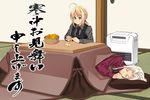  ahoge artoria_pendragon_(all) azu black_gloves blonde_hair blush_stickers eating fate/zero fate_(series) food formal fruit gloves green_eyes irisviel_von_einzbern kotatsu long_hair mandarin_orange multiple_girls necktie ponytail puffy_cheeks saber sleeping suit table vest waistcoat white_hair 