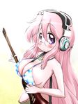  bad_id bad_pixiv_id between_breasts bikini breasts cosplay glasses guitar gun highres instrument lucky_star mizushima_(p201112) nitroplus pink_hair purple_eyes rifle solo super_sonico super_sonico_(cosplay) swimsuit takara_miyuki weapon 