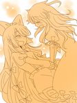  blush bow couple fujiwara_no_mokou hair_bow holding_hands kamishirasawa_keine long_hair multiple_girls no_hat no_headwear open_mouth sketch smile touhou very_long_hair yuri zawameki 