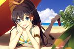  :d arm_support barefoot beach beach_umbrella bikini black_hair blue_eyes day fang feet ganaha_hibiki hands_on_own_cheeks hands_on_own_face high_ponytail idolmaster idolmaster_(classic) ihara_asta looking_at_viewer lying multicolored multicolored_stripes ocean on_stomach open_mouth outdoors ponytail sandals shoe_dangle smile soles solo striped striped_bikini swimsuit toes umbrella 