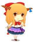  :o belt blush_stickers bobby_socks bow chain chibi clenched_hand cuffs full_body hair_bow hair_ribbon hand_on_hip horn_ribbon horns ibuki_suika long_hair looking_at_viewer mary_janes orange_hair red_eyes rei_(tonbo0430) ribbon shackles shadow shirt shoes simple_background skirt sleeveless sleeveless_shirt socks solo touhou very_long_hair white_background 