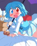  alarm_clock blue_eyes blue_hair blush chest_of_drawers clock geetsu heterochromia karakasa_obake long_sleeves open_mouth purple_umbrella red_eyes short_hair skirt solo tatara_kogasa tongue touhou umbrella 