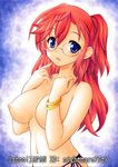  ano_natsu_de_matteru bikini bikini_bottom blue_eyes blush bracelet breasts glasses jewelry large_breasts long_hair navel nightmare77zx nipples puffy_nipples red_hair side-tie_bikini solo swimsuit takatsuki_ichika topless traditional_media 