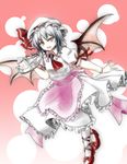  apron ascot bat_wings bow cup fang frills hat hat_ribbon jewelry open_mouth puffy_sleeves red_eyes remilia_scarlet ribbon shiina_shian short_sleeves silver_hair slit_pupils solo spoon teacup touhou tray watch wings wristwatch 
