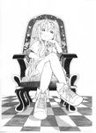  buttons chair checkered checkered_floor chin_rest crossed_legs greyscale long_hair messy_hair monochrome oguro_(moyashi_2-hon) original shoes sitting solo 