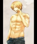  1boy abs blonde_hair cigarette denim hair_over_one_eye hand_in_pocket jeans male male_focus male_only muscle one_piece pants sanji smoking solo standing topless 