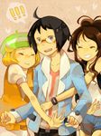  1boy 2girls ahoge bel_(pokemon) black_hair blonde_hair blush cheren_(pokemon) closed_eyes denim denim_shorts glasses hacohune hat headwear_removed hug long_hair multiple_girls pokemon pokemon_(game) pokemon_bw ponytail short_hair shorts smile tegaki touko_(pokemon) 