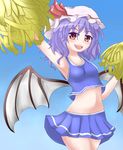 alternate_costume arlonn arm_up armpits bat_wings blue_background blush_stickers cheerleader crop_top hat hat_ribbon lavender_hair looking_at_viewer midriff miniskirt open_mouth pom_poms red_eyes remilia_scarlet ribbon short_hair simple_background skirt smile solo touhou wings 