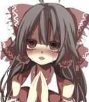  bare_shoulders blush brown_hair colorized crying crying_with_eyes_open derivative_work detached_sleeves empty_eyes fang gaoo_(frpjx283) hair_tubes hakurei_reimu hands_together long_hair open_mouth own_hands_together red_eyes simple_background solo tears touhou white_background yamasuta 