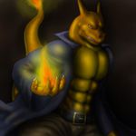  abs amazing anthro beit belt biceps big_muscles charizard charzy clothing coat dragon dragonwing013 fire green_eyes grin hot looking_at_viewer male muscles nintendo open_shirt pants pecs pok&#233;mon pok&#233;morph pok&eacute;mon pok&eacute;morph scalie shirt solo trenchcoat video_games zipper 