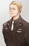  bad_id bad_pixiv_id blonde_hair blue_eyes kanapy male_focus marvel medal military military_uniform necktie ribbon_bar signature smile solo steve_rogers uniform 