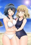  asymmetrical_docking bikini blonde_hair blue_hair braid breast_press breasts cloud day furutani_himawari fuuma_nagi grin hair_ornament hairband hairclip holding_hands interlocked_fingers large_breasts multiple_girls one-piece_swimsuit one_eye_closed oomuro_sakurako open_mouth outdoors sand school_swimsuit short_hair sky small_breasts smile sun swimsuit teeth twin_braids water yuru_yuri 