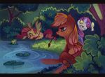  absurd_res amphibian applejack_(mlp) blonde_hair blue_eyes bushes crossed_legs cutie_mark detailed_background equine female feral flower fluttershy_(mlp) forest freckles friendship_is_magic frog green_eyes hair hay hi_res holivi horn horse lillypad magic mammal mirror my_little_pony pegasus pink_hair pond pony rarity_(mlp) scenery sitting tree unicorn water wings wood 