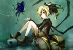  antennae blonde_hair bow bug butterfly butterfly_wings grass hair_bow insect kurodani_yamame long_sleeves loxodon ponytail red_eyes short_hair silk solo spider_web touhou wings 