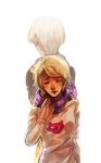  back-to-back bangs black_lipstick blonde_hair cat closed_eyes crying homestuck lipstick makeup mallius mother_and_daughter multiple_girls rose_lalonde roxy_lalonde sad scarf short_hair simple_background sweater swept_bangs tears very_short_hair white_background 