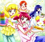  aoki_reika apron bad_id bad_pixiv_id blonde_hair blush bow candy_(smile_precure!) casual corn cup dress food hairband hino_akane_(smile_precure!) hoshizora_miyuki kise_yayoi long_hair multiple_girls open_mouth pink_bow precure short_hair sleeveless smile smile_precure! white_hairband yuiyuimoe 