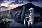  absurdly_long_hair ass blurry border column depth_of_field from_behind holding holding_hair long_hair looking_back mocha_(cotton) mountain nude original pillar red_eyes ruins scenery silver_hair solo twintails very_long_hair wading water wet 