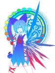  blue_skirt boku_(isizakitakasi) bow circle cirno colorful dress gradient hair_bow hair_over_one_eye highres ice ice_wings no_nose ribbon short_dress short_hair skirt smirk solo touhou wings 