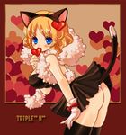  1girl animal_ears ass bare_shoulders bent_over black_legwear black_thighhighs blonde_hair blue_eyes breasts cat_ears cat_tail female heart large_breasts lowres mouth_hold nanakichi original panties pantyshot short_hair skirt solo standing tail thighhighs thighs triple_n underwear upskirt white_panties 