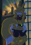  back back_turned breasts butt canine city clothed clothing digimon female fox headphones kandlin mammal mp3_player pants pants_down pants_pull raised_tail renamon side_boob skimpy sunset undressing 