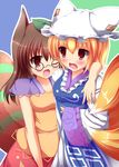  animal_ears arm_around_neck blonde_hair brown_eyes brown_hair fox_tail futatsuiwa_mamizou glasses hat highres leaf leaf_on_head liya long_hair multiple_girls multiple_tails one_eye_closed open_mouth raccoon_ears raccoon_tail short_hair skirt tail touhou wide_sleeves yakumo_ran 