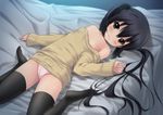  bare_shoulders bed_sheet black_hair blush breasts brown_eyes cameltoe highres k-on! long_hair looking_at_viewer lying nakano_azusa nipples no_shoes off_shoulder on_back panties petite pink_panties ryunnu shirt_pull sitting small_breasts smile solo sweater twintails underwear very_long_hair wariza 