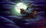  cloud clouds flying full_moon jolly_roger moon night night_sky no_humans one_piece pirate_flag sail scenery ship sky thousand_sunny 