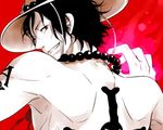  1boy back black_hair color_background fire freckles grin hat jewelry jolly_roger looking_at_viewer lowres male male_focus male_only necklace one_piece over_shoulder pirate portgas_d_ace red_background red_eyes smile solo spot_color tattoo teeth topless 
