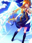  air blonde_hair blue_eyes boots highres kamio_misuzu long_hair myaaco ponytail school_uniform solo very_long_hair wings 