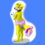  blue blue_background blue_eyes blush bow canine collar cute diaper fox fur hi_res humiliated humiliation male mammal pink plain_background ribbons sissy solo yellow yellow_fur 