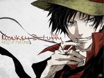  1boy black_hair character_name cigarette hat male male_focus male_only monkey_d_luffy one_piece scar smile smoking solo straw_hat text 