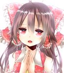  ahoge ascot bad_id bad_pixiv_id bow brown_hair colorized detached_sleeves fang hair_bow hair_tubes hakurei_reimu hands_clasped long_hair looking_at_viewer open_mouth own_hands_together red_eyes solo touhou white_background yamasuta 