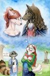  book breasts brown_eyes brown_hair canine cleavage clothed clothing daydream dialog dream dress english_text eyewear fangirl female glasses green_eyes hair hibbary male mammal park raccoon red_hair student text tree wood 