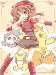  amamiya_kabosu belt blush brown_hair combusken dress duskull gen_3_pokemon haruka_(pokemon) numel pokemon pokemon_(creature) pokemon_(game) pokemon_rse team_magma team_magma_grunt tegaki 