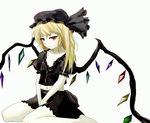  alternate_color bad_id bad_pixiv_id blonde_hair crystal flandre_scarlet hat hat_ribbon pale_skin puffy_sleeves red_eyes ribbon shiina_shian short_sleeves solo touhou white_background wings 