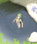  censored convenient_censoring francine_(daijaemon) from_above grass green_eyes green_hair hair_censor hair_over_breasts lily_pad long_hair looking_at_viewer looking_up nude original pond rock solo wading water 