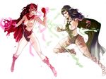  boots breasts brown_eyes brown_hair cape green_eyes green_hair helmet leotard long_hair lorna_dane magic marvel medium_breasts mikazuki_shigure multiple_girls nipples pantyhose polaris_(x-men) red_leotard scarlet_witch siblings sisters spandex torn_clothes torn_legwear wanda_maximoff x-men 